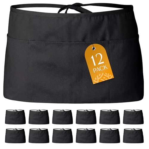 Black Waist Apron 12 Pack with 3 Pockets – Durable Commercial Server Aprons for Kitchen & Restaurant Use - Variation of THIS listing