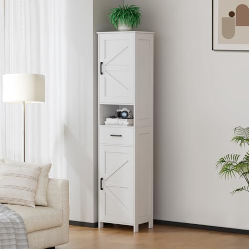 Homhedy 67-Inch Tall Bathroom Storage Cabinet with Barn Doors, Drawer, White - Reversible Door