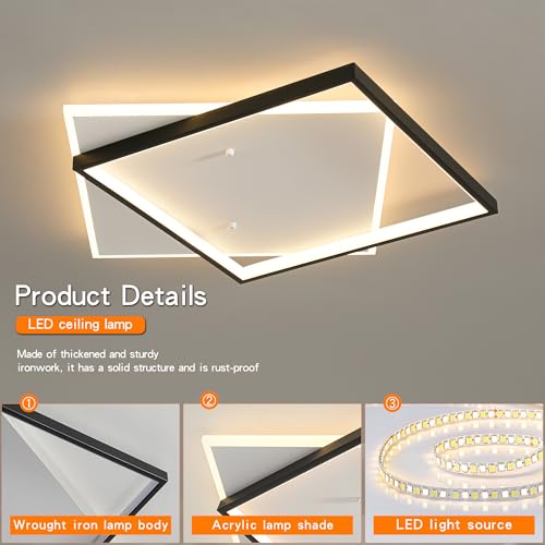 Square 1 Light Modern LED Ceiling Light Fixture - Dimmable Flush Mount 22" Black Bedroom Lighting with Remote