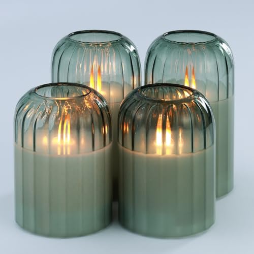 Green Glass Flameless Candles with Remote - Set of 4 LED Pillar Candles with Timer
