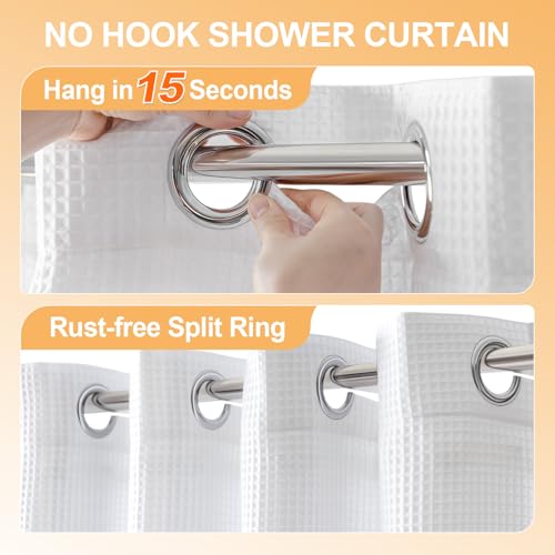 White Cotton Blend No Hook Shower Curtain with Liner - 71x74 Inches - River Dream Variation of White / 71W x 74L