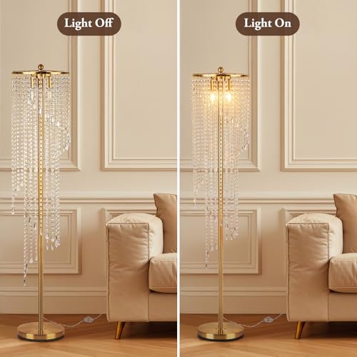 Modern Gold Floor Lamp with Crystal Shade - Tall Corner Lighting, 63 Inch