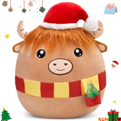 WEWILL 12'' Christmas Highland Cow Soft Plush Pillow Xmas Highland Cow Stuffed Animal Gifts for Toddler Kids Boys Girils