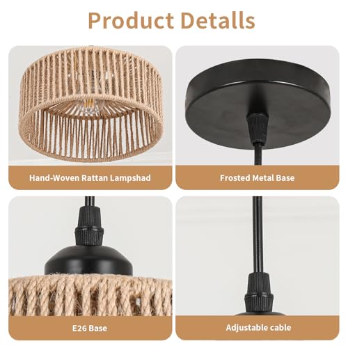 Brown 2-Pack Rattan Pendant Light - 11 Inch Handmade Woven Wicker Chandeliers for Kitchen & Living Room - Small Basket Hanging Light Fixture