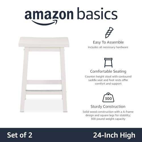 White Solid Wood Counter Height Bar Stools Set of 2 - 24 Inch Saddle Seat
