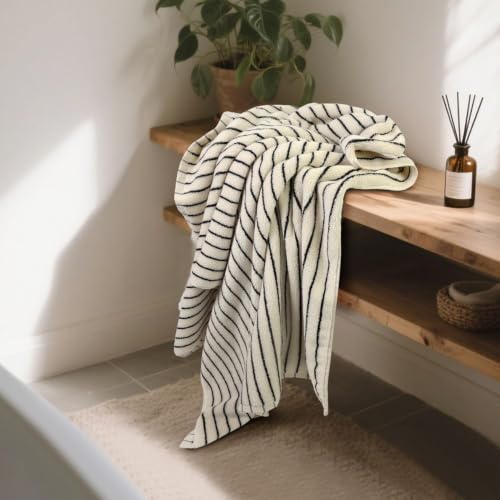 Jacquotha Black & Ivory Striped Bath Towels Set of 2, 27x55in, Quick Dry & Soft