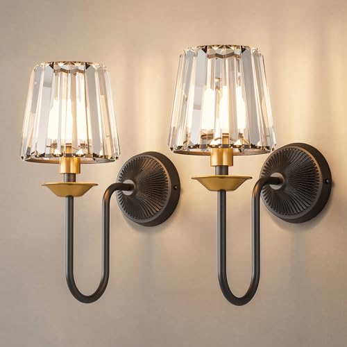 KernLite Black and Gold Wireless Dimmable Wall Sconces Set of 2 with Remote, RGB & CCT Adjustable, Crystal Decor for Bedroom & Living Room