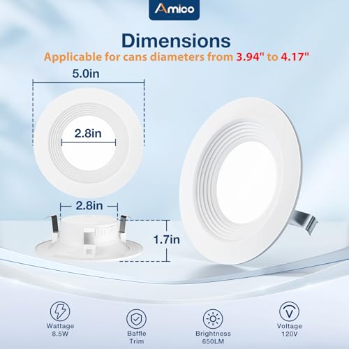 Amico 4-Inch White Recessed LED Can Lights 5 CCT Dimmable Retrofit Kit