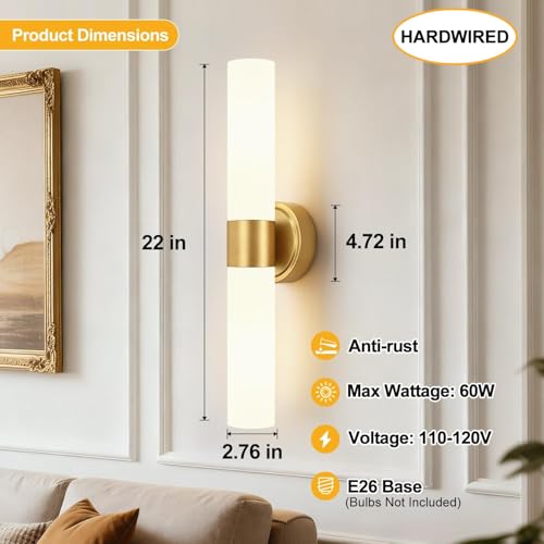 Meybiok Brushed Gold & Milky White Glass Wall Sconces Set of 2, Modern Bathroom & Living Room Lighting - Hardwired 22 Inch
