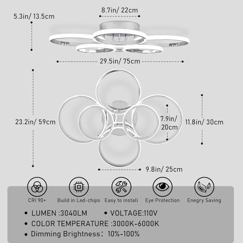 Chrome 6-Ring Dimmable LED Ceiling Light Fixture with Remote Control - Modern 60W Close to Ceiling Lighting for Living Room & Bedroom - Variation: 6 Rings, Circle