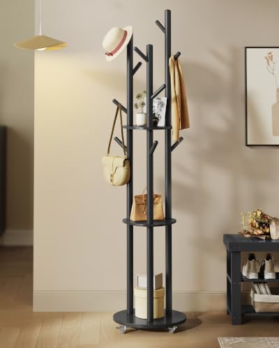 VASAGLE Freestanding Coat Rack Stand with Wheels, 11 Hooks, 3 Shelves - Ink Black