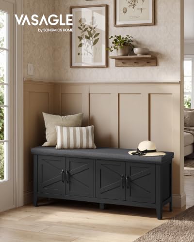VASAGLE Farmhouse Entryway Shoe Bench with Cushion, 47.2-Inch Ink Black & Slate Gray