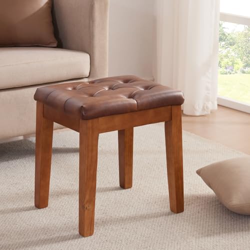 Retro Brown Ottoman Vanity Stool with Padded Linen Seat - Wooden Frame