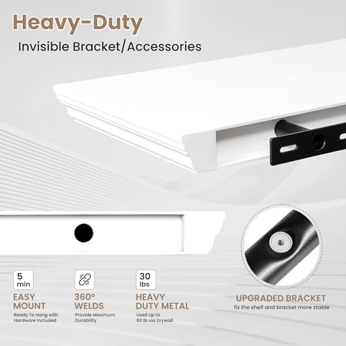 White 36 Inch Floating Shelves Set of 2 with Crown Molding, 9.3" Deep Wall Shelves