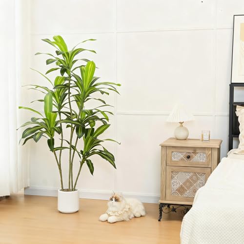 Artificial Dracaena Tree with White Planter - 5ft Tall Faux Indoor Plant