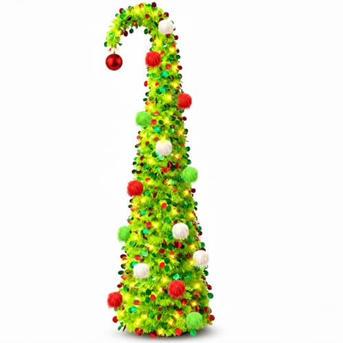 PUETUNG 6FT Green Whimsical Curved Pop-Up Christmas Tree with Lights & Ornaments