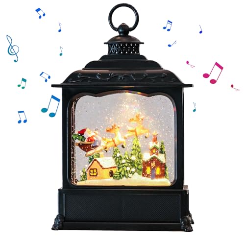 Lasumora Christmas Snow Globe H-santa in a Sleigh Flying Scene with Music & Timer, Glitter Water Lantern, USB/Battery Operated