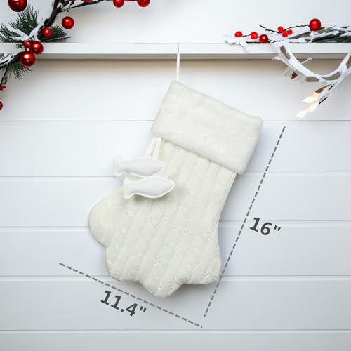 E-FirstFeeling Knit Cat Paw Christmas Stocking with Faux Fur Cuff - White, Large Holiday Decor