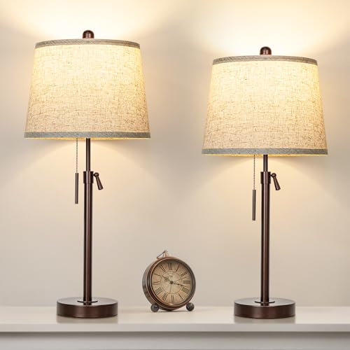 Adjustable Height Bedside Table Lamps Set of 2 - Brown + Beige Shade, 3 Color Temperatures, Modern Nightstand Lamps for Bedroom and Living Room