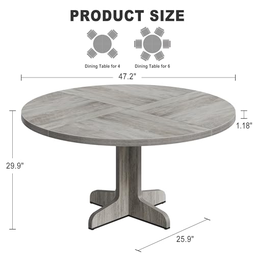 47-Inch Round Farmhouse Dining Table for 4 with Cross-Shaped Metal Base - Grey