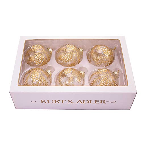 Kurt Adler 80mm Clear Glass Ball Ornaments with Gold Pinecones Set of 6