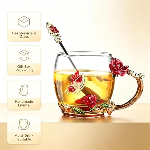 FDINF Red Butterfly Rose Glass Tea Cup with Spoon – Gift Gift Box
