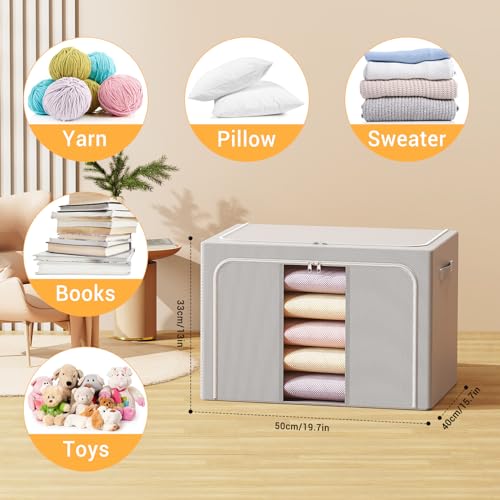 Light Gray Foldable Clothes Storage Bins with Metal Frame 66L - 3 Pack