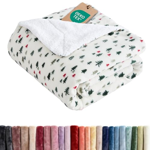 Christmas Sherpa Blanket Throw Size, Reversible - Trees, 50x60