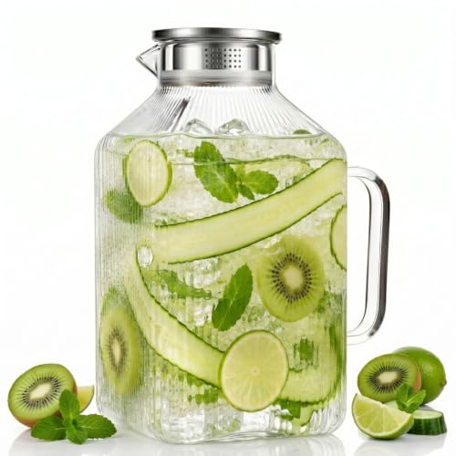 1 Gallon Square Glass Pitcher with Stripes - Borosilicate, Stainless Steel Lid, 135.3 Ounces