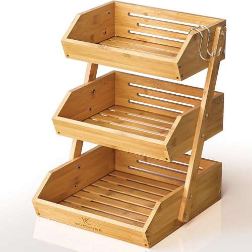 Bamboo 3-Tier Fruit Basket for Kitchen Countertop Storage - Natural & Spacious