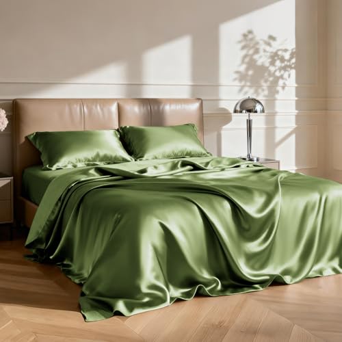 Love's cabin Satin Queen Bed Sheet Set - 4 Piece, Sage, Silky Soft,