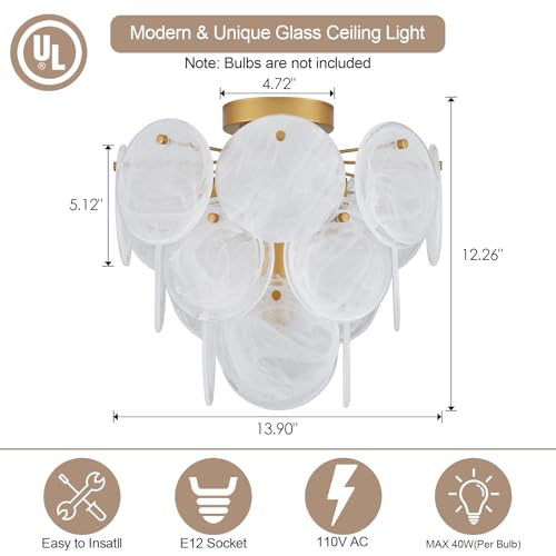 Gold Modern Flush Mount Glass Ceiling Light - 4-Light Vintage Chandelier for Bedroom Hallway