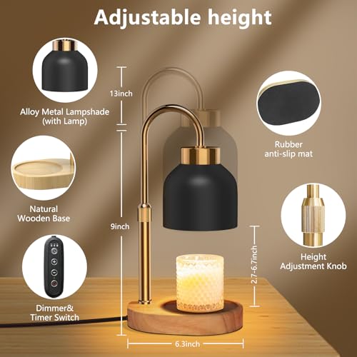 Black Candle Warmer Lamp with Timer & Dimmer, Adjustable Height & Brightness