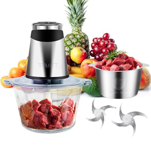 BUMET 500W Meat Grinder Food Chopper with 2×8-Cup Bowls & 2 Blades, Fast & Durable Kitchen Processor