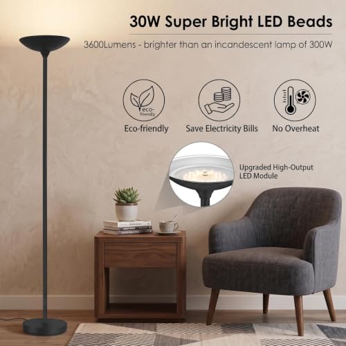Black Torchiere Floor Lamp 30W LED Stepless Dimmable Modern Standing Light