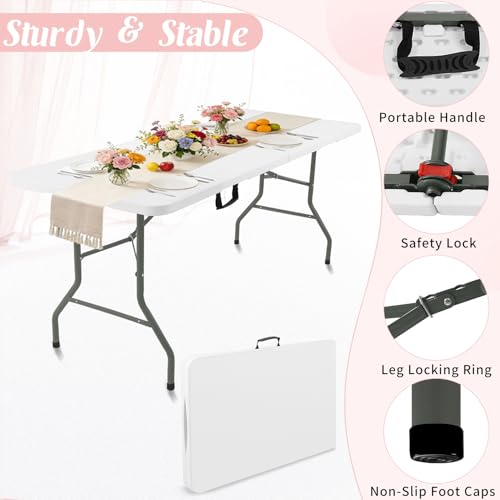 Fivenl 6ft Foldable Plastic Table 2 Pack White Portable Camping & Party Table
