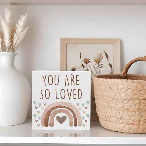 You Are So Loved Boho Rainbow Wooden Box Sign, Little Reminders Desk Sign, Inspirational Quotes Sign Decoration for Kids Room Office Nursery Playroom Girls Room Dorm -A26