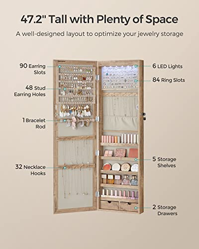Jewelry Cabinet with Full-Length Mirror & LED Lights - Tall 47.2-Inch, Lockable, Toasted Oak