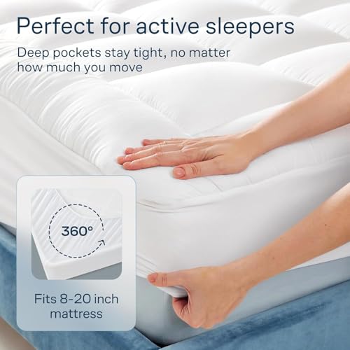 White Queen Mattress Pad with Pillow Top - 100% Cotton, Deep Pocket, Ultra-Soft Sleep Enhancer