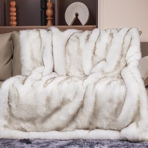 Touchat 1000GSM Faux Fur Throw Blanket - White/Brown 50x60in Super Thick Cozy Reversible Mink for Couch & Bed