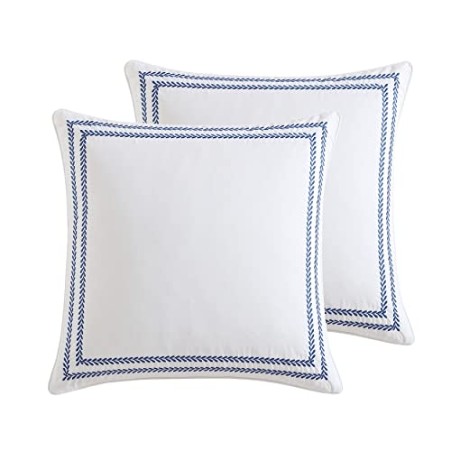 Laura Ashley 2 Pack European Cotton Shams with Embroidered Vine - Stitched Vine Dark Blue