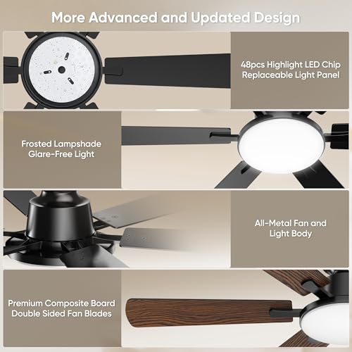 Black 52-Inch Ceiling Fan with Light & Remote Control for Living Room