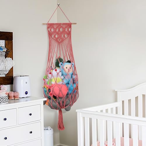 Stuffed Animal Hammock w/LED Star Light, 63 Inch Jumbo Toy Hammock Wall Hanging Plushie Net Holder for Boho Nursery Decor, Watermelon Red Stuffed Animal Storage Organizer for Kid Girls Boys Gift