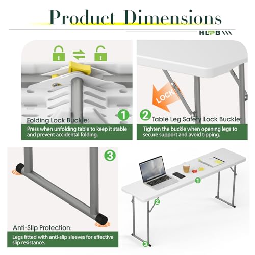 HLPB 6 ft Narrow Folding Table with Handle & Safety Lock - Space-Saving, Heavy-Duty