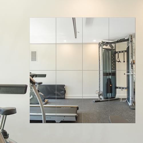 Frameless 12x12 Inch Glass Mirror Tiles - 16 Pack Home Gym Wall Decor