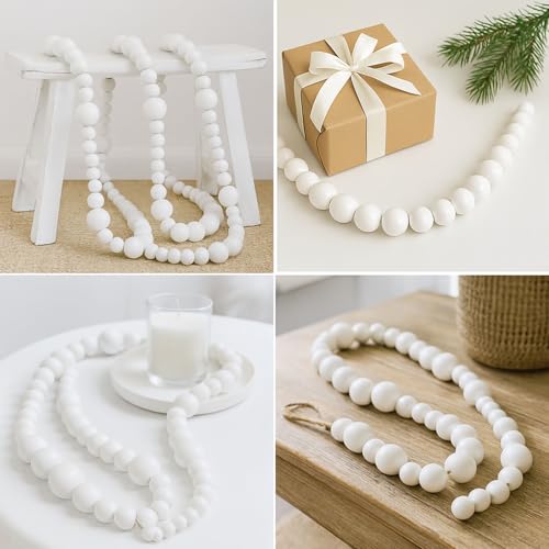 7ft White Wood Bead Garland - Rustic Christmas Decor, Tree & Mantel Accent (Brand: Woodeni) - 144 beads