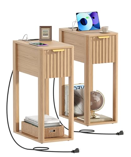 Narrow Nightstand Set 2 with Charging Station - Natural Oak, 15.7D x 9.4W x 23.6H