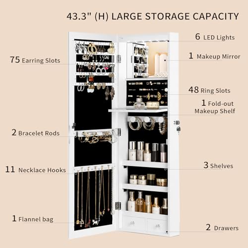 Over the Door Jewelry Organizer with Mirror & LED Lights - White