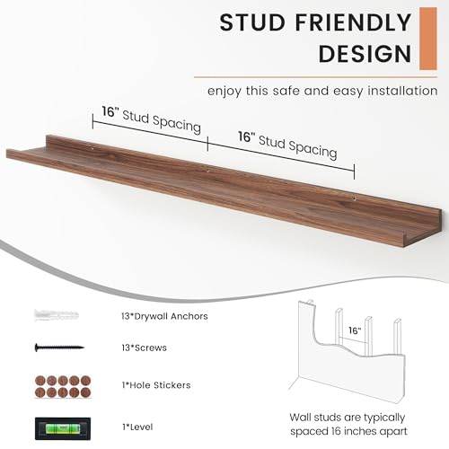 FlyJoe Walnut Floating Picture Ledge Shelves Set of 4, 48-inch Wall Display