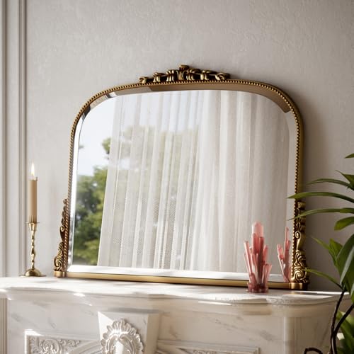 Vintage Gold Beaded Wall Mirror 27 x 36 Inch Arched Top Frame - Horizontal & Vertical Hanging